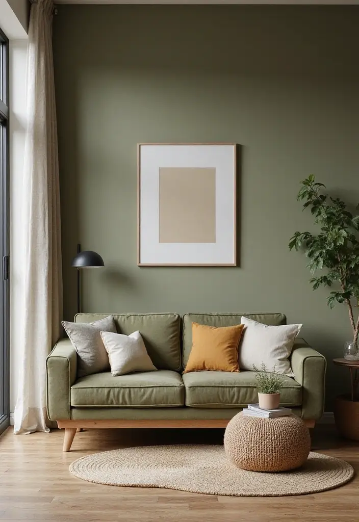 27 Small Living Room Color Scheme Ideas That Maximize Light and Space - 13. Soft Olive Green and Earthy Tones