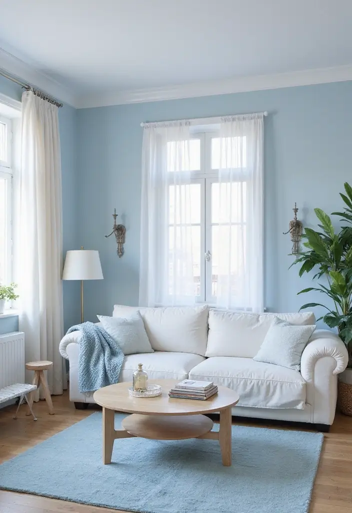 27 Small Living Room Color Scheme Ideas That Maximize Light and Space - 14. Ice Blue and Creamy White