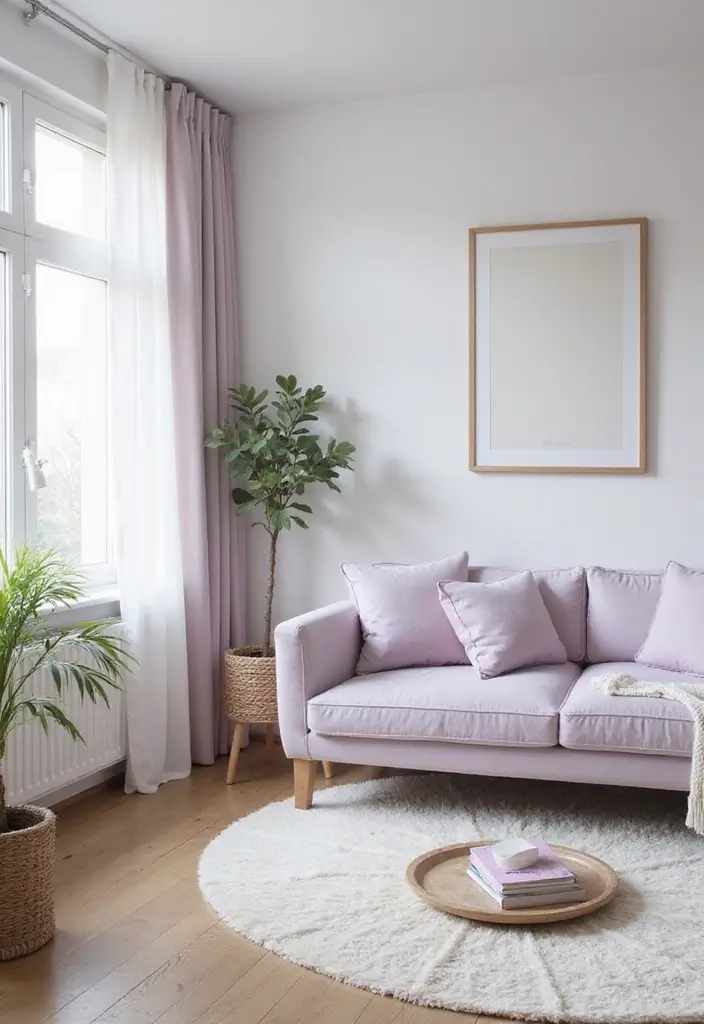 27 Small Living Room Color Scheme Ideas That Maximize Light and Space - 17. Pale Lavender and Soft White