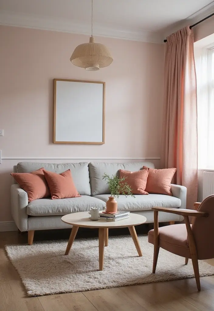 27 Small Living Room Color Scheme Ideas That Maximize Light and Space - 19. Soft Salmon and Gray