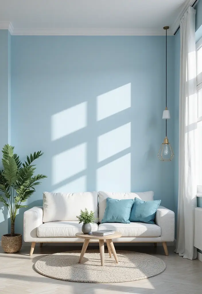 27 Small Living Room Color Scheme Ideas That Maximize Light and Space - 2. Pale Blue and White