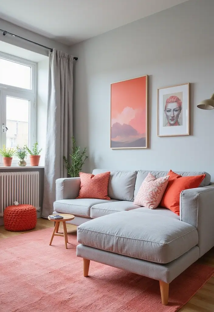 27 Small Living Room Color Scheme Ideas That Maximize Light and Space - 21. Light Gray with Bright Coral