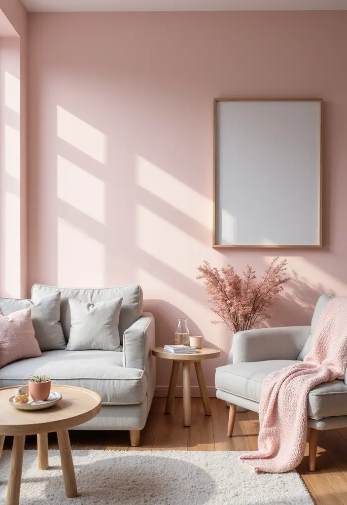 27 Small Living Room Color Scheme Ideas That Maximize Light and Space - 23. Soft Pink and Light Gray