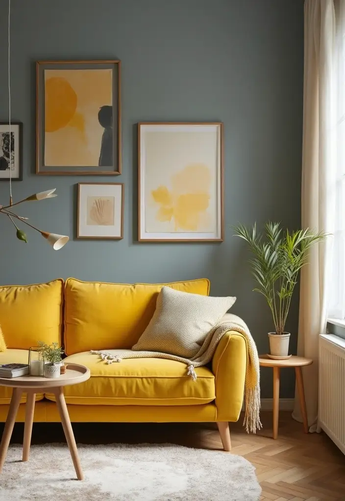 27 Small Living Room Color Scheme Ideas That Maximize Light and Space - 25. Warm Gray with Bright Yellow