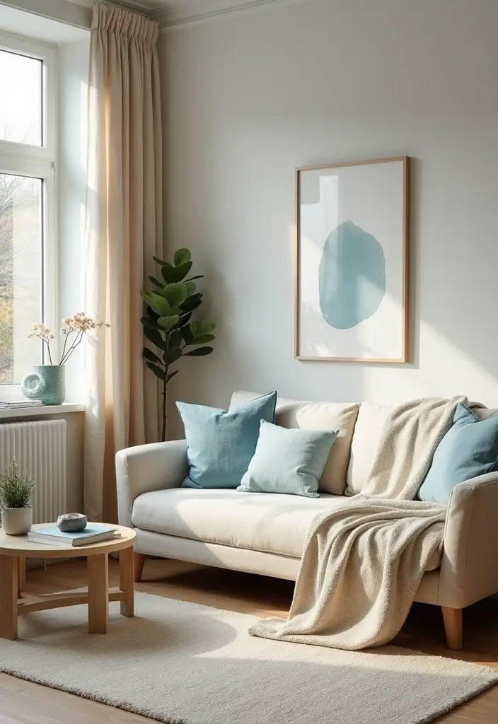 27 Small Living Room Color Scheme Ideas That Maximize Light and Space - 5. Sand Beige and Sky Blue