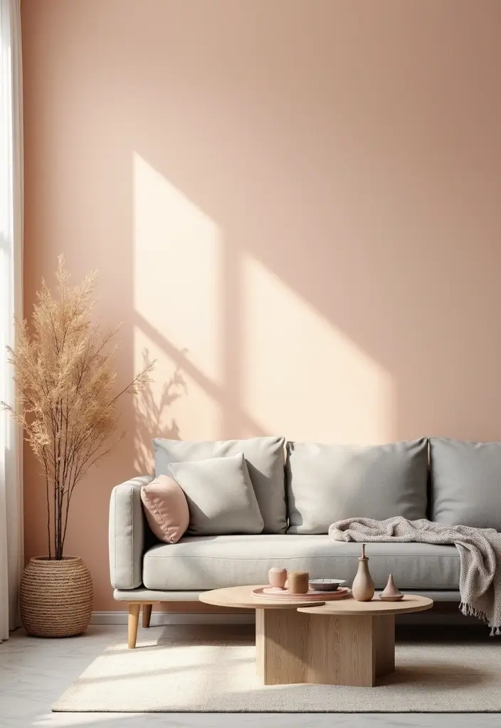 27 Small Living Room Color Scheme Ideas That Maximize Light and Space - 7. Light Peach and Gray