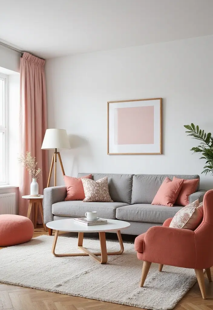 27 Small Living Room Color Scheme Ideas That Maximize Light and Space - 9. Soft Coral and Gray