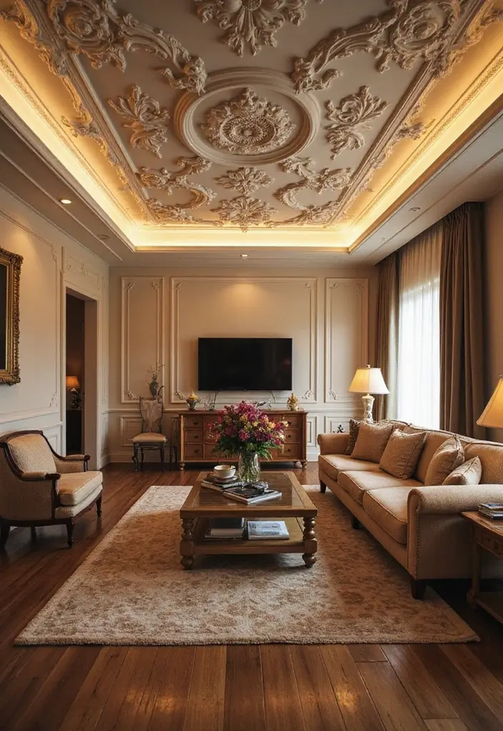 27 Ultra Luxury Living Room Ideas That Exude Glamour and Elegance - 24. Opulent Ceiling Designs