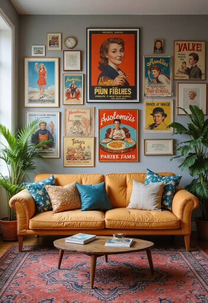 27 Wall Decor Design Living Room Ideas That Add Personality - 11. Vintage Advertising Art