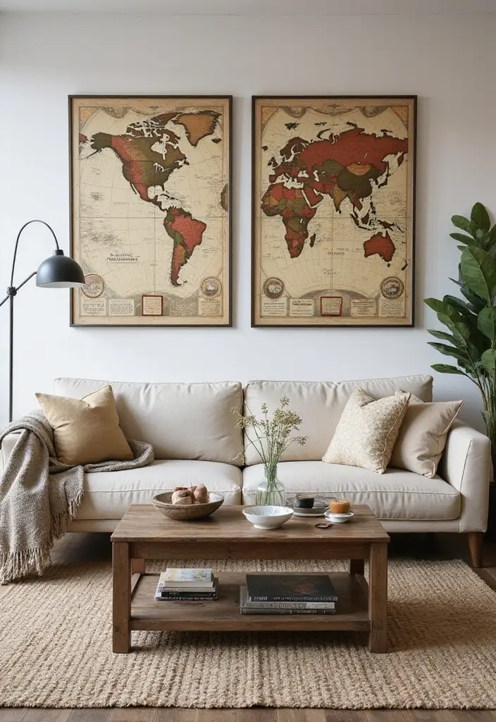 27 Wall Decor Design Living Room Ideas That Add Personality - 13. Vintage Maps