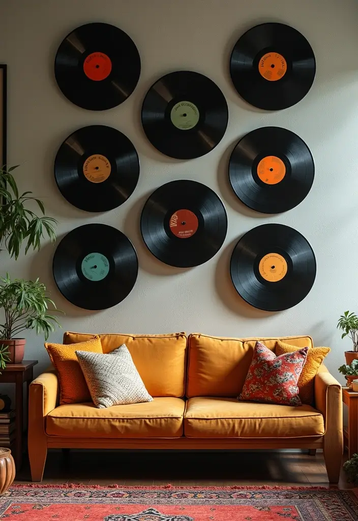 27 Wall Decor Design Living Room Ideas That Add Personality - 14. Vintage Vinyl Records Display
