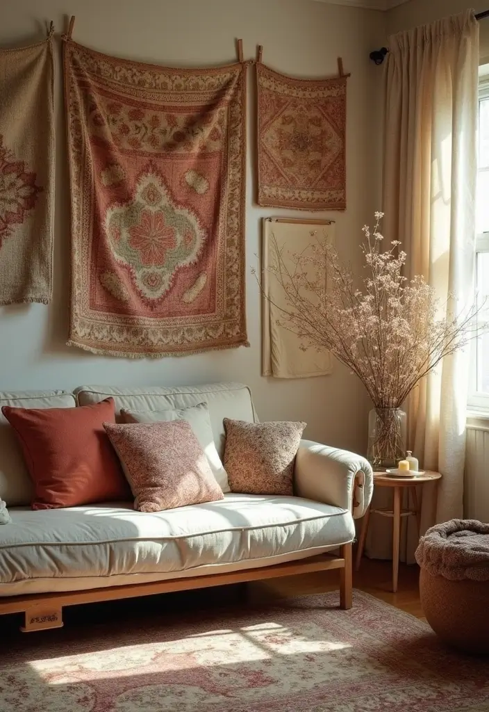 27 Wall Decor Design Living Room Ideas That Add Personality - 19. Vintage Textile Wall Hangings