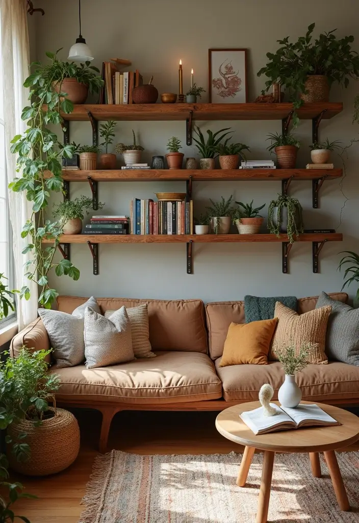 27 Wall Decor Design Living Room Ideas That Add Personality - 2. Rustic Wooden Shelves