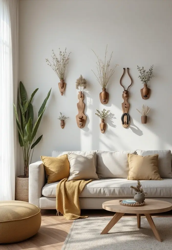27 Wall Decor Design Living Room Ideas That Add Personality - 22. Unique Wall Hooks for Decor