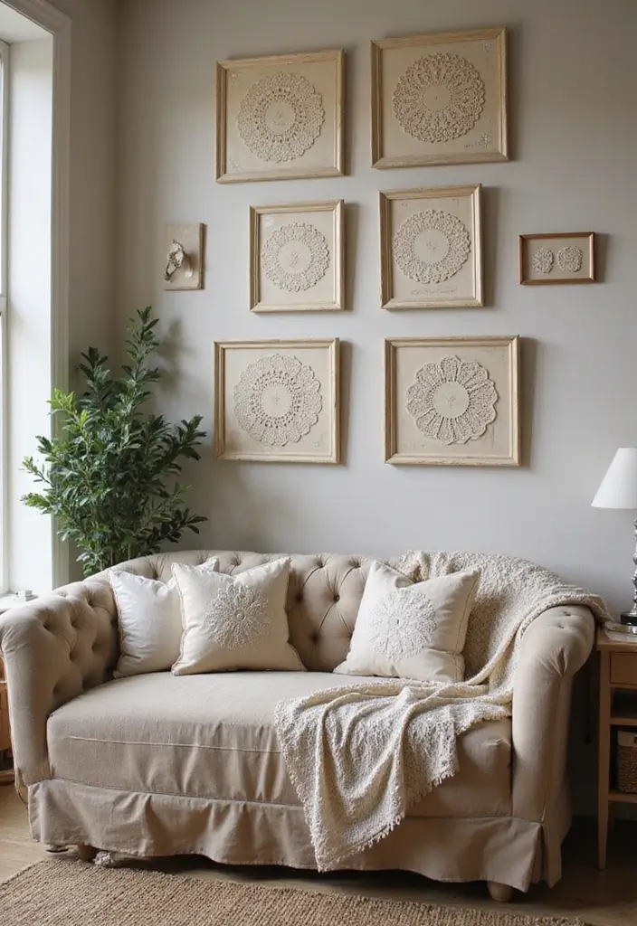 27 Wall Decor Design Living Room Ideas That Add Personality - 23. Vintage Lace Doilies as Art