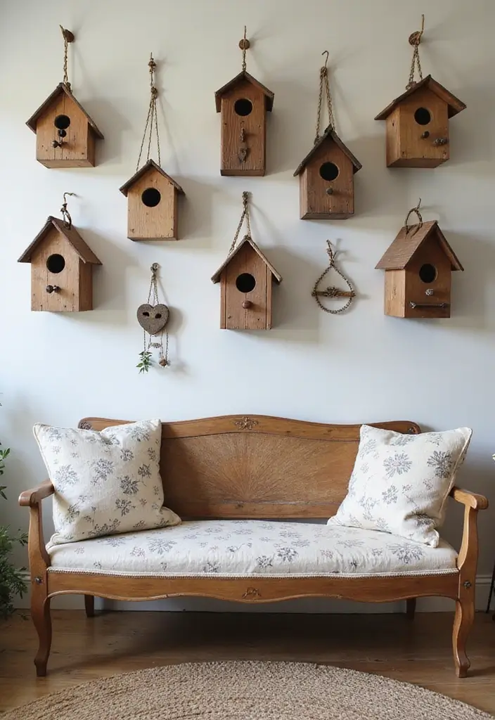 27 Wall Decor Design Living Room Ideas That Add Personality - 27. Vintage Birdhouses as Decor