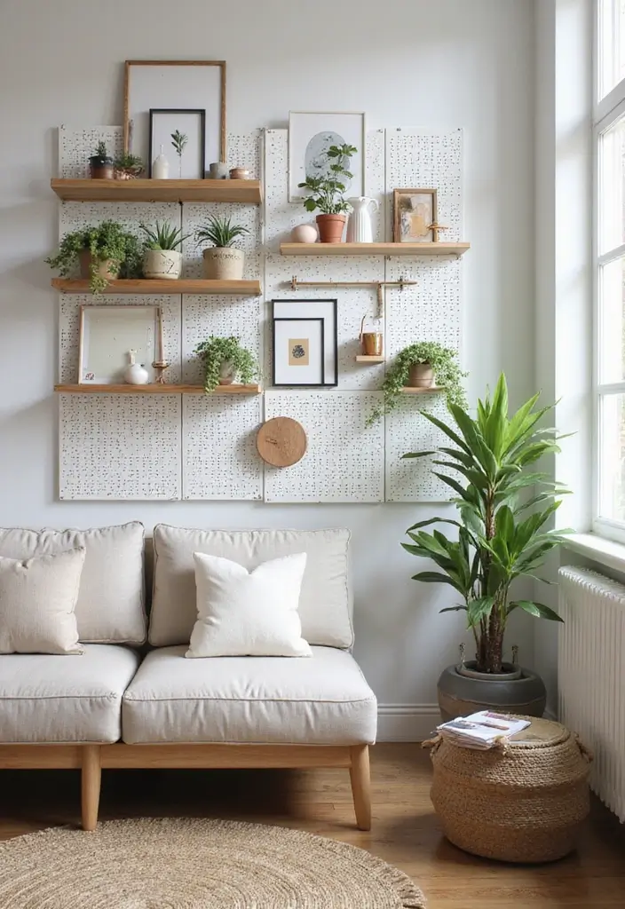 27 Wall Decor Design Living Room Ideas That Add Personality - 6. Creative Pegboard Displays