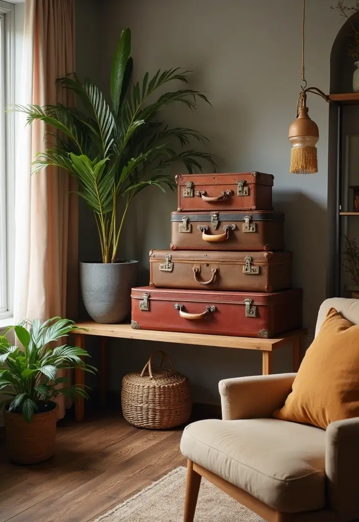 27 Wall Decor Design Living Room Ideas That Add Personality - 9. Vintage Suitcases as Wall Decor