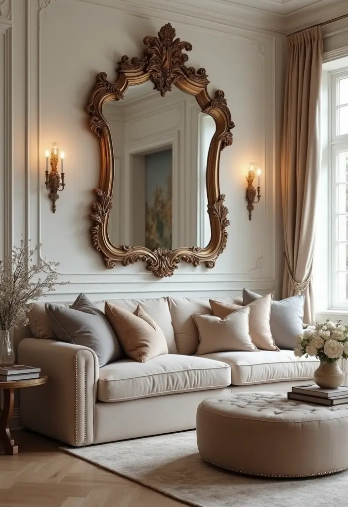 27 Wall Inspiration Living Room Ideas That Spark Creativity - 12. Statement Mirrors