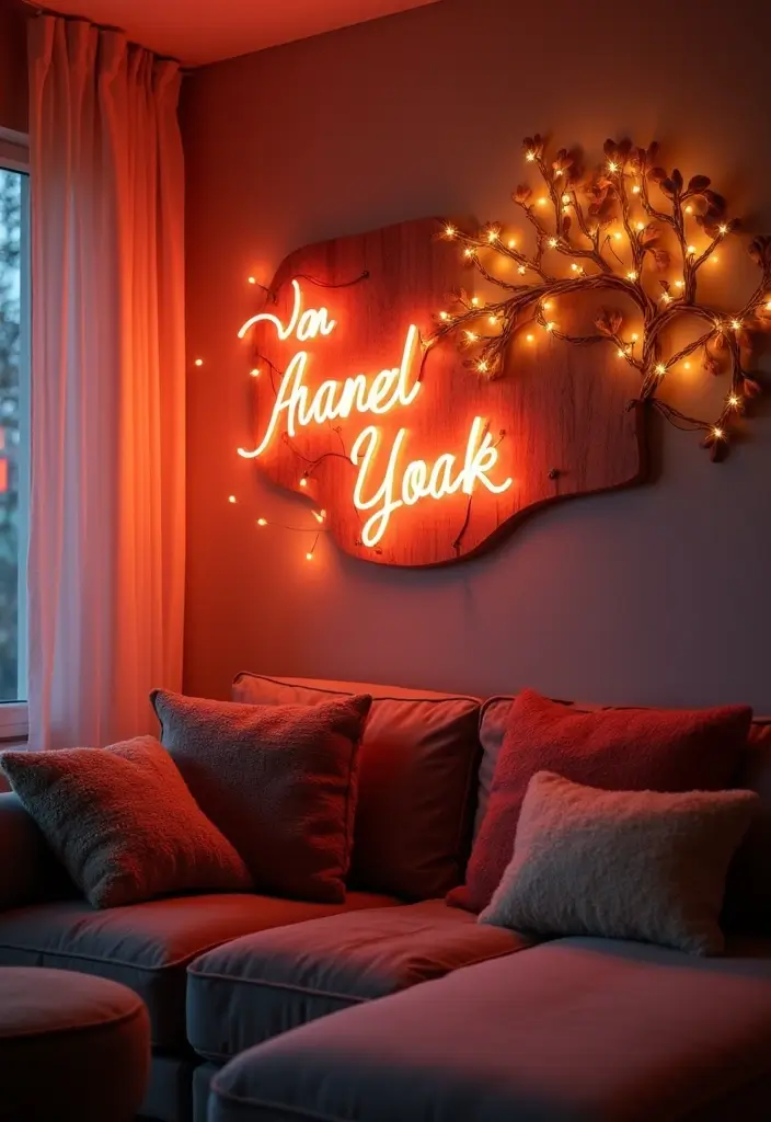 27 Wall Inspiration Living Room Ideas That Spark Creativity - 14. Light-Up Wall Decor