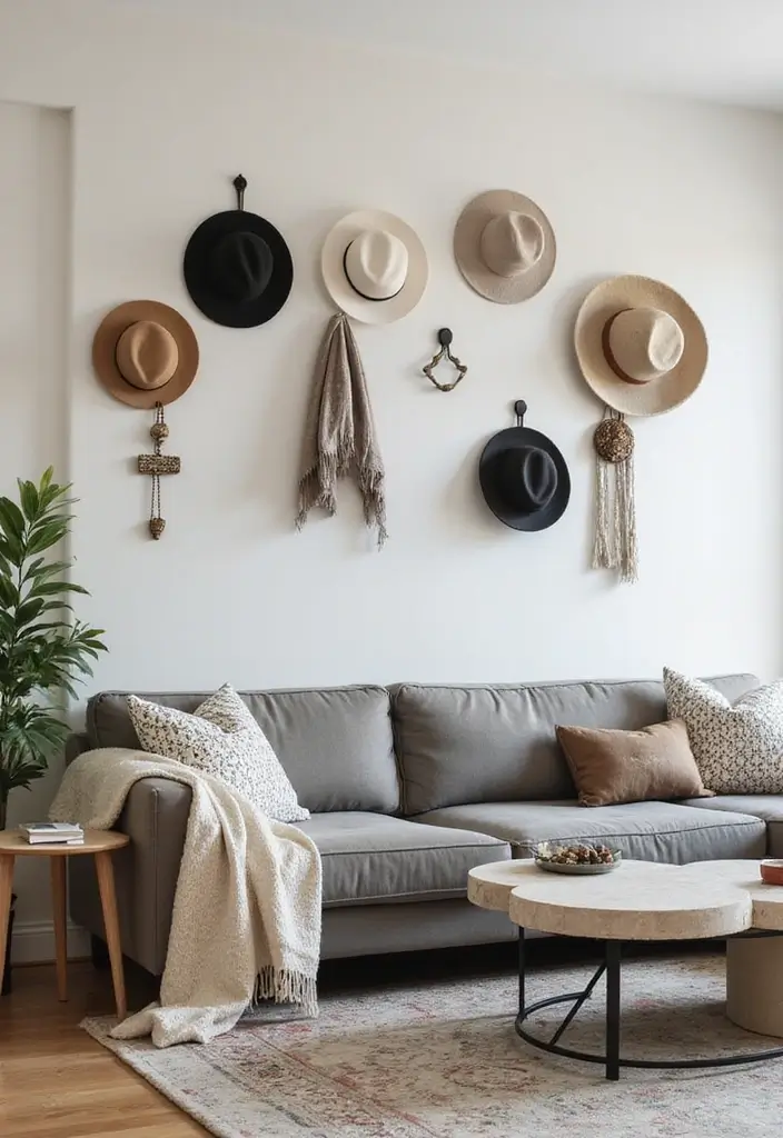 27 Wall Inspiration Living Room Ideas That Spark Creativity - 18. Unique Wall Hooks and Racks