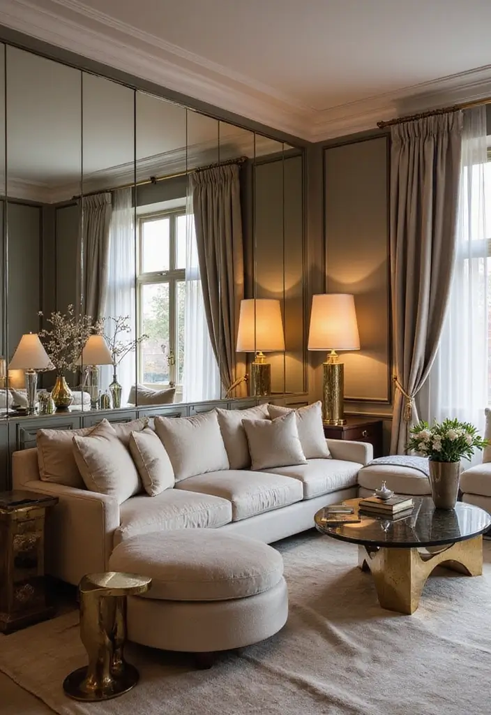 27 Wall Inspiration Living Room Ideas That Spark Creativity - 21. Reflective Decor Elements