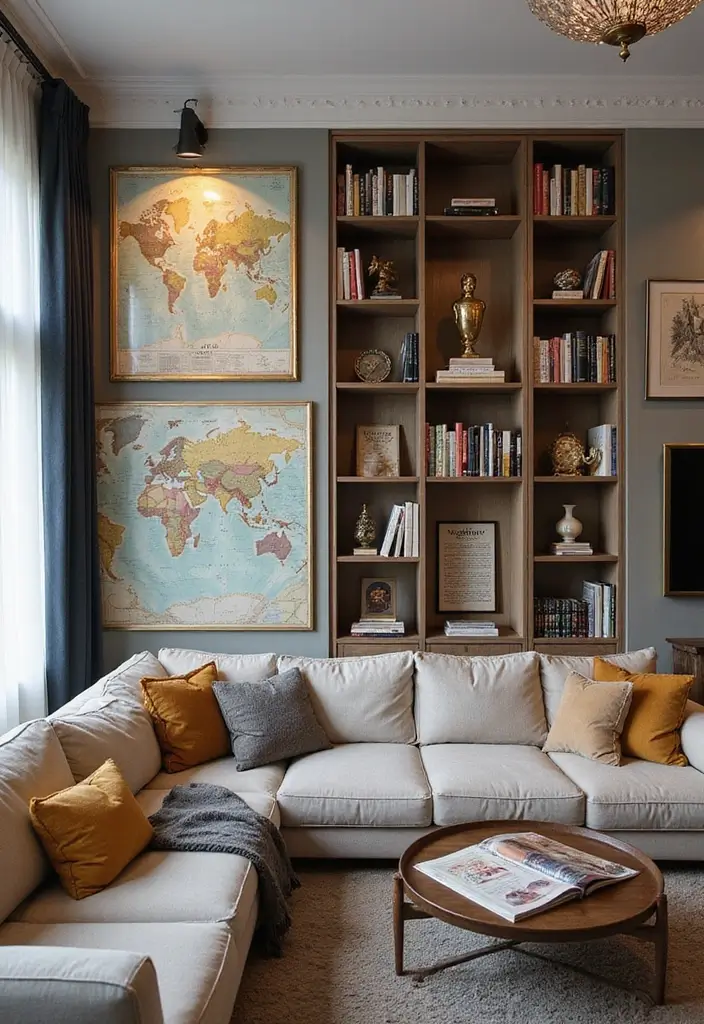 27 Wall Inspiration Living Room Ideas That Spark Creativity - 22. Themed Wall Sections