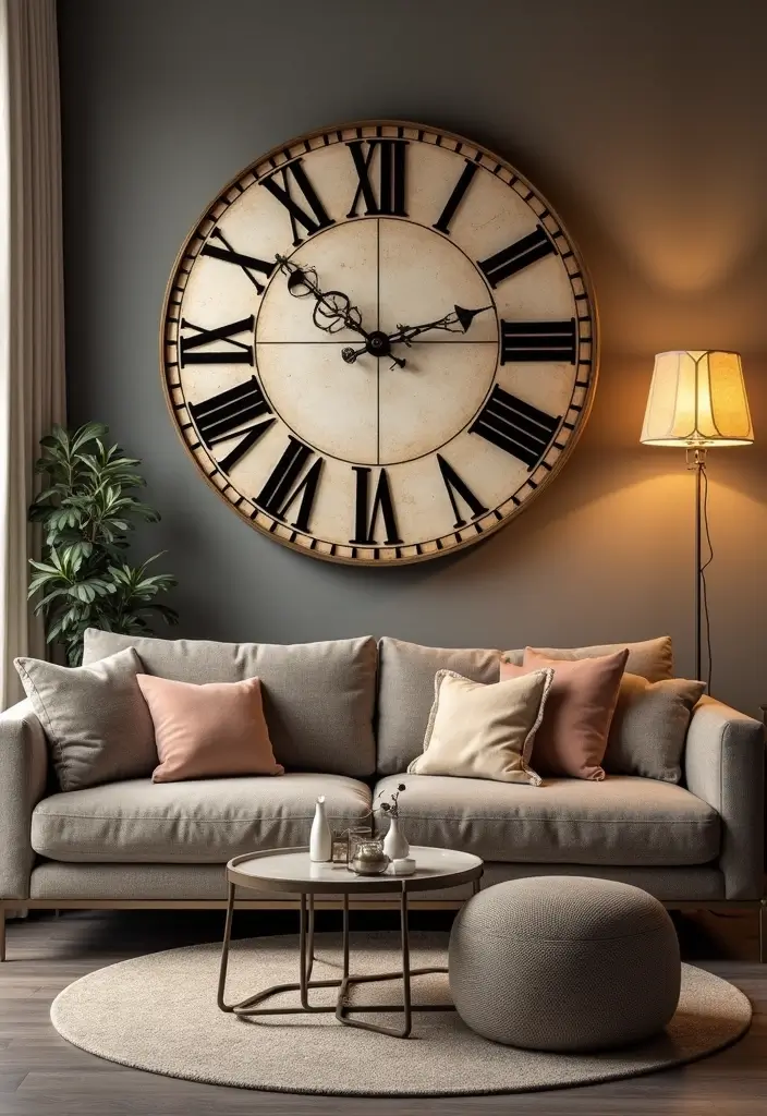 27 Wall Inspiration Living Room Ideas That Spark Creativity - 24. Clock as a Statement Piece