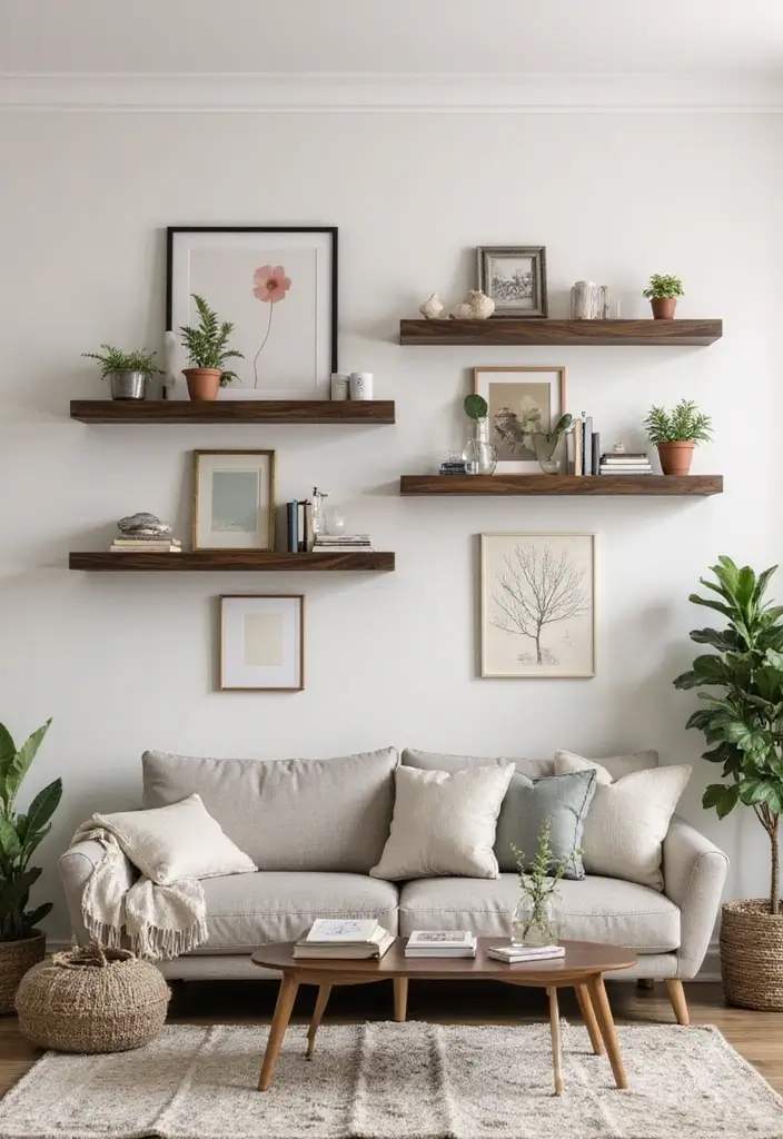 27 Wall Inspiration Living Room Ideas That Spark Creativity - 5. Floating Shelves with Art Displays
