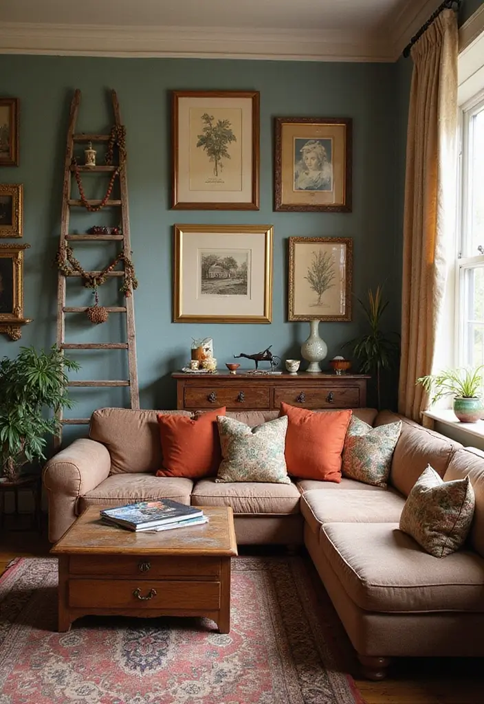 27 Wall Inspiration Living Room Ideas That Spark Creativity - 6. Vintage Finds and Repurposed Art