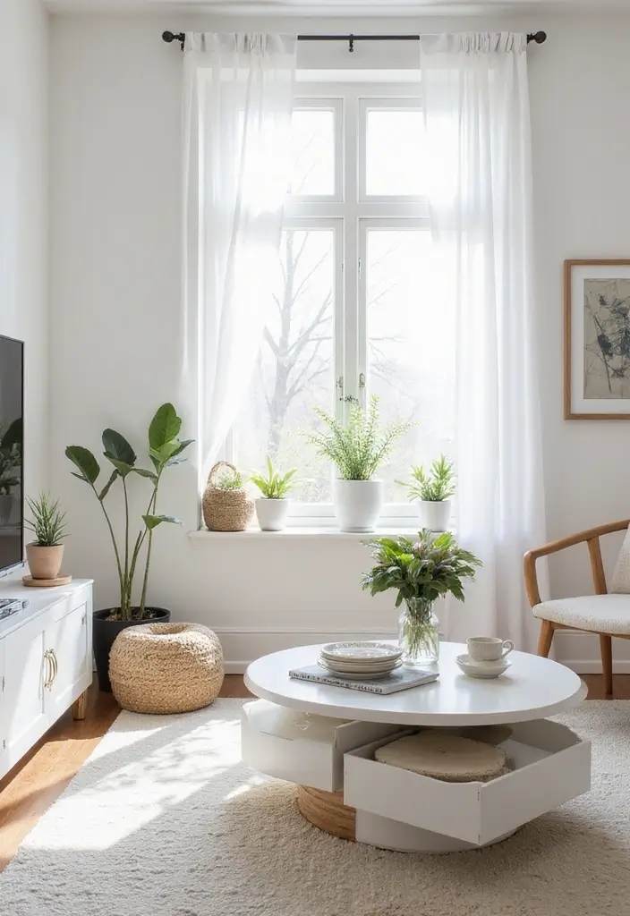 27 White Living Room Ideas That Feel Bright and Airy - 16. Functional Decor Items