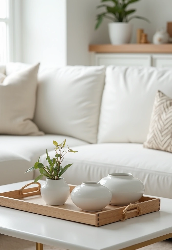 27 White Living Room Ideas That Feel Bright and Airy - 25. Decorative Trays