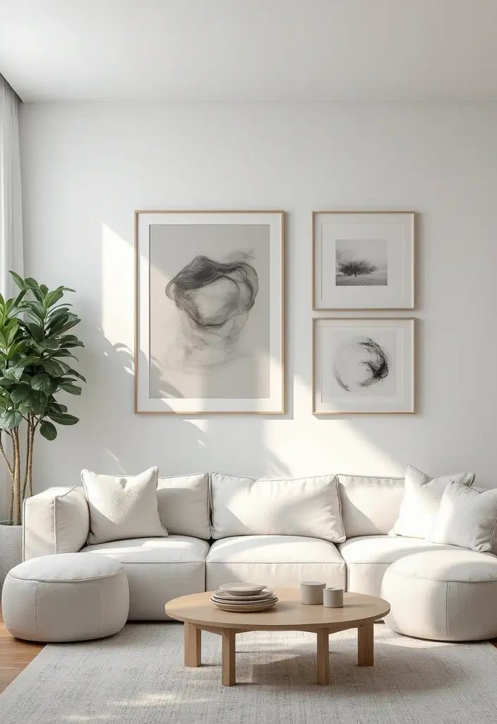 27 White Living Room Ideas That Feel Bright and Airy - 6. Statement Art Pieces