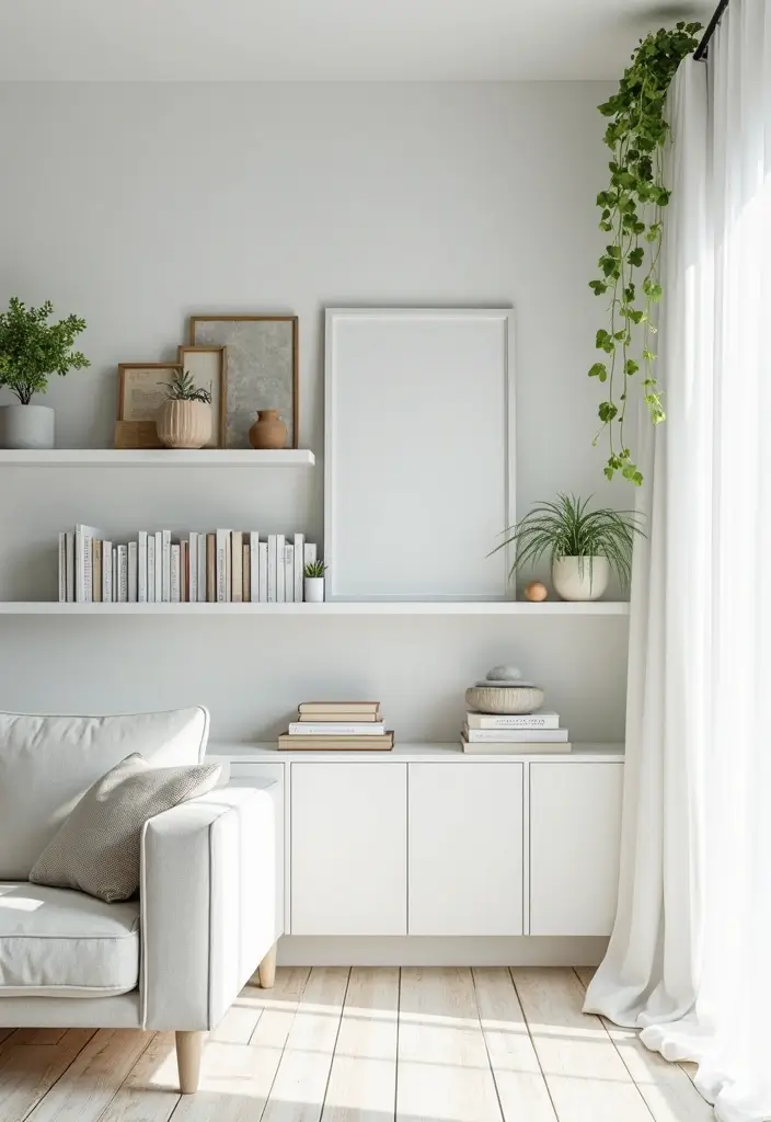 27 White Living Room Ideas That Feel Bright and Airy - 8. Open Shelf Displays