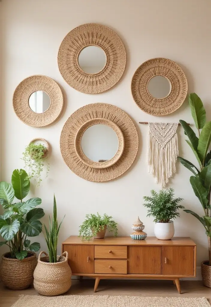 28 Circle Mirrors on Wall Living Room Ideas That Add Depth and Light - 1. Bohemian Flair with Rattan Circle Mirrors