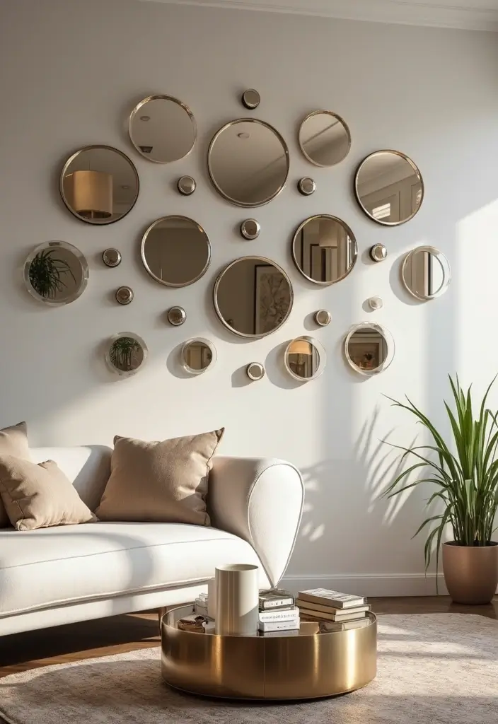 28 Circle Mirrors on Wall Living Room Ideas That Add Depth and Light - 10. Reflective Surfaces with Mirrored Circle Designs