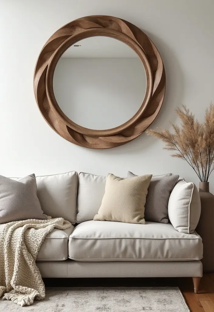 28 Circle Mirrors on Wall Living Room Ideas That Add Depth and Light - 13. Circle Mirrors with Unique Framing