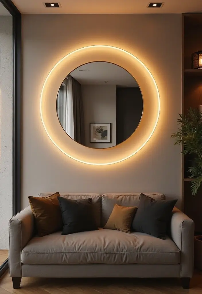 28 Circle Mirrors on Wall Living Room Ideas That Add Depth and Light - 15. Wall-Mounted Circle Mirrors with Lighting
