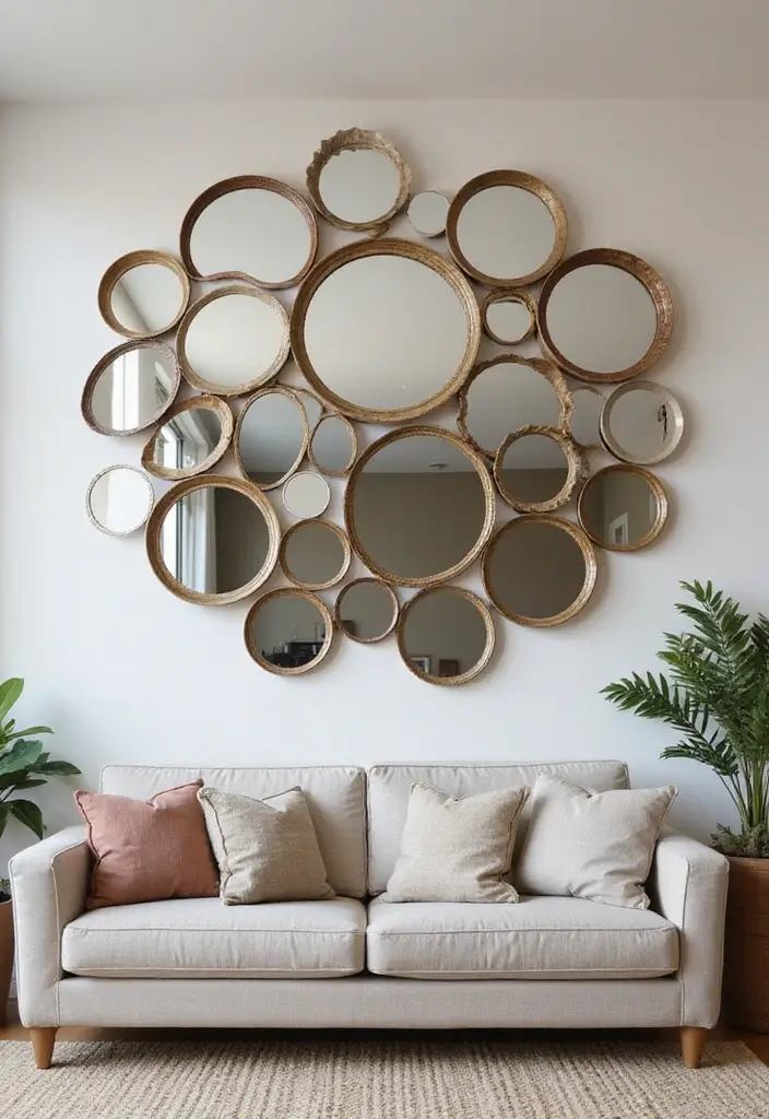 28 Circle Mirrors on Wall Living Room Ideas That Add Depth and Light - 16. Create a Focal Point with Overlapping Mirrors