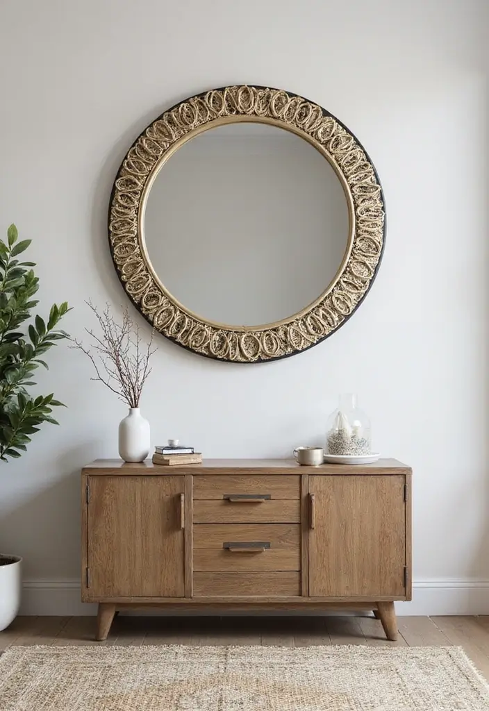 28 Circle Mirrors on Wall Living Room Ideas That Add Depth and Light - 17. Circle Mirrors with Artistic Patterns
