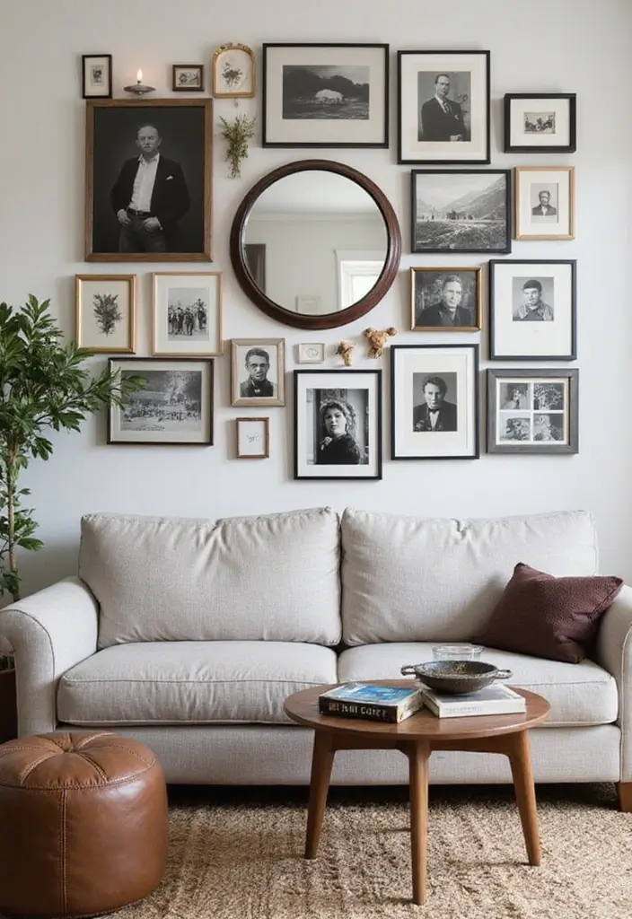 28 Circle Mirrors on Wall Living Room Ideas That Add Depth and Light - 18. Layer with Wall Art and Circle Mirrors