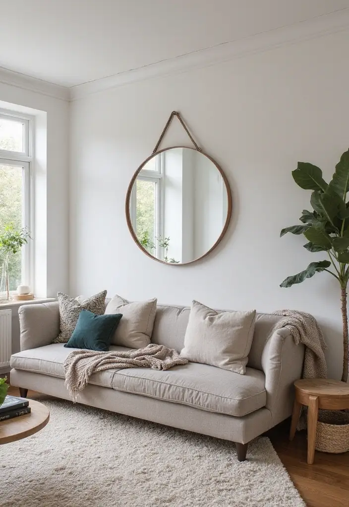 28 Circle Mirrors on Wall Living Room Ideas That Add Depth and Light - 19. Create Zones with Circle Mirrors