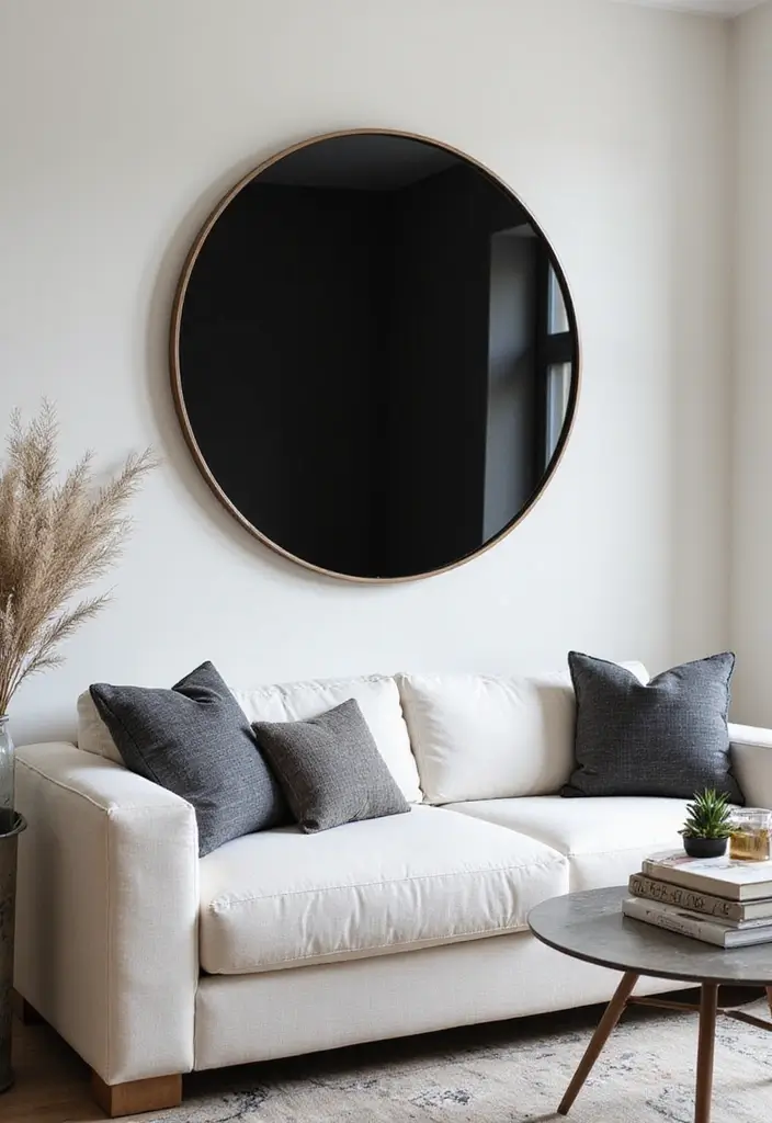 28 Circle Mirrors on Wall Living Room Ideas That Add Depth and Light - 2. Modern Minimalism with Black Round Mirrors