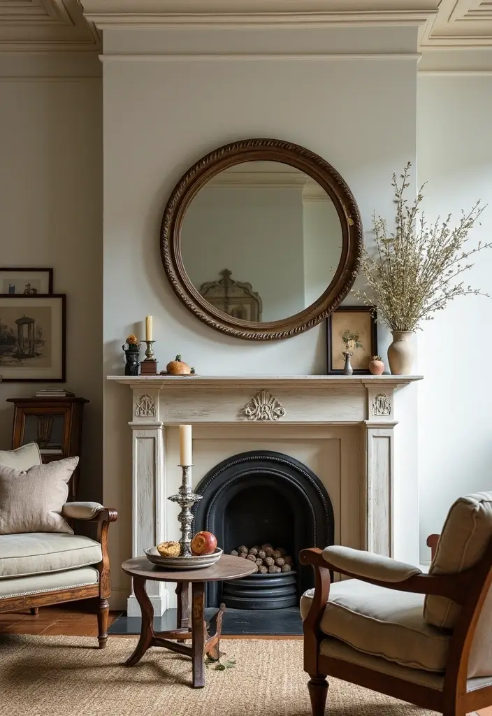 28 Circle Mirrors on Wall Living Room Ideas That Add Depth and Light - 20. Experiment with Antique Mirrors