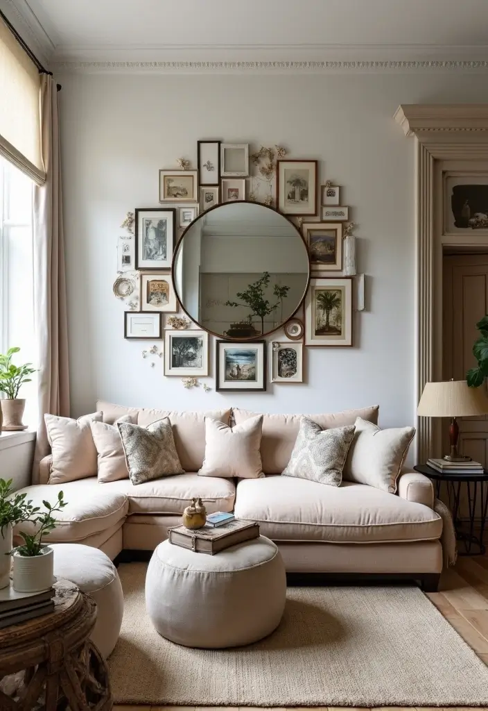 28 Circle Mirrors on Wall Living Room Ideas That Add Depth and Light - 26. Circle Mirrors with Layered Artwork