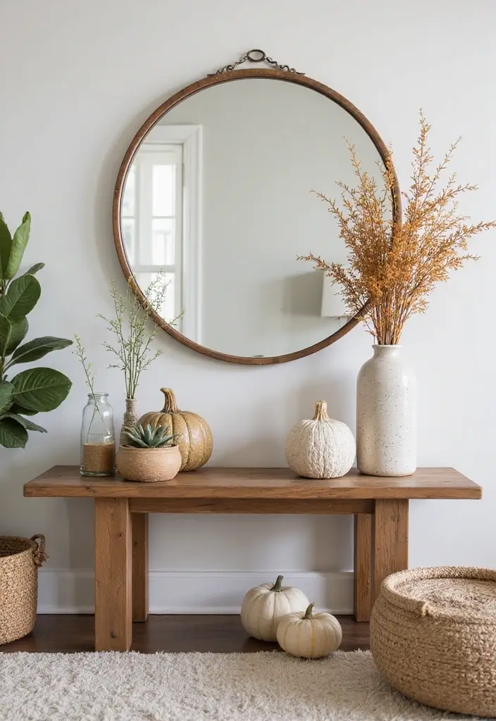 28 Circle Mirrors on Wall Living Room Ideas That Add Depth and Light - 27. Circle Mirrors for Seasonal Decor