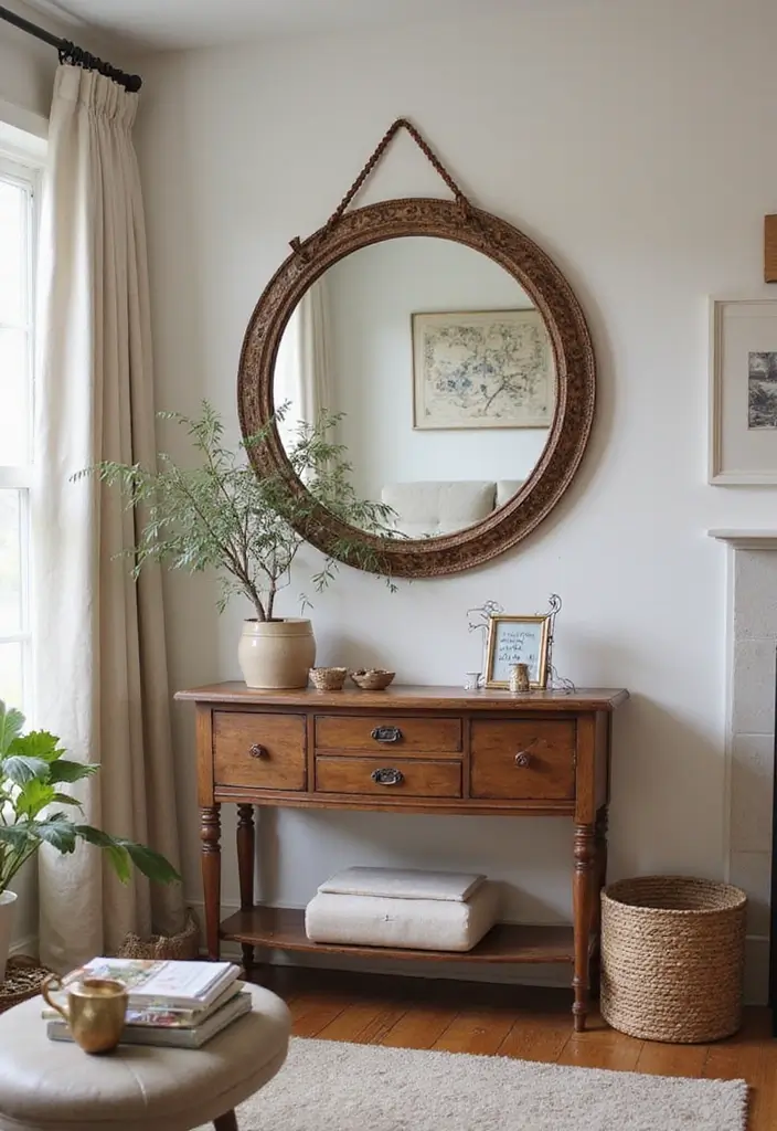 28 Circle Mirrors on Wall Living Room Ideas That Add Depth and Light - 28. Circle Mirrors with Personal Touches