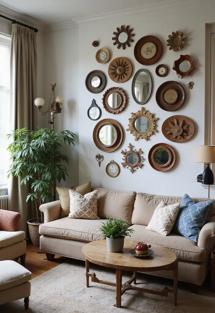 28 Circle Mirrors on Wall Living Room Ideas That Add Depth and Light - 3. Eclectic Arrangement of Mixed Material Mirrors