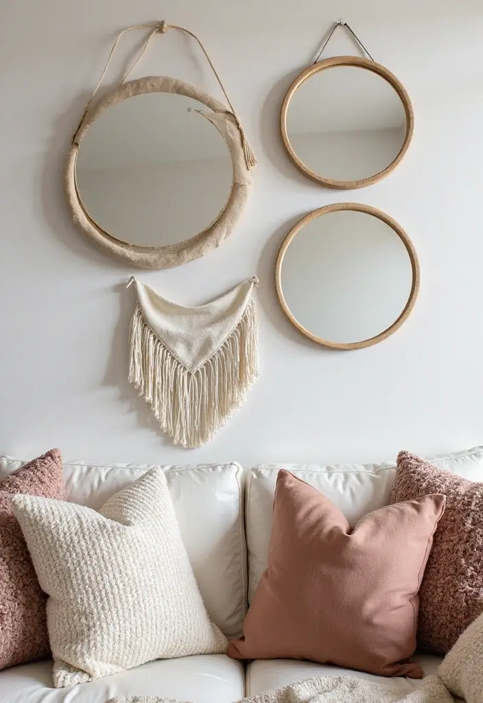 28 Circle Mirrors on Wall Living Room Ideas That Add Depth and Light - 5. Layered Textures with Fabric and Circle Mirrors