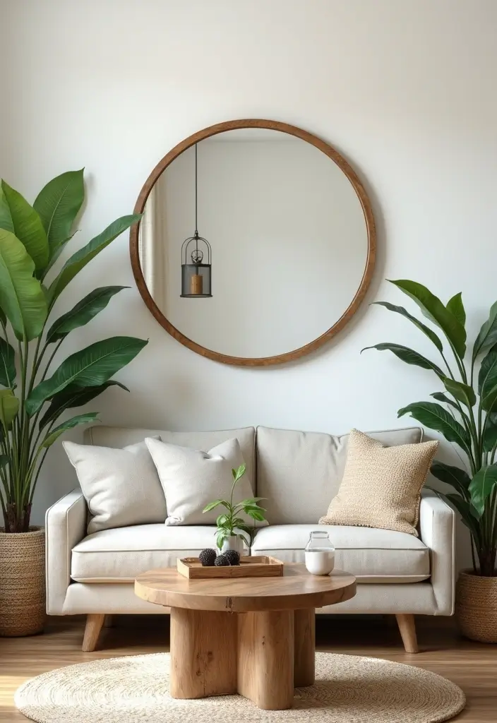 28 Circle Mirrors on Wall Living Room Ideas That Add Depth and Light - 6. Natural Elements with Wood-Framed Circle Mirrors